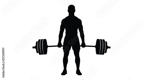 Fotografie A muscular weightlifter holding a barbell is depicted as a dark silhouette athle