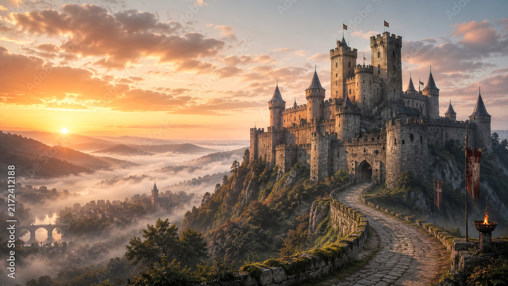 Obraz premium Medieval castle on a cliff above a foggy valley during sunset