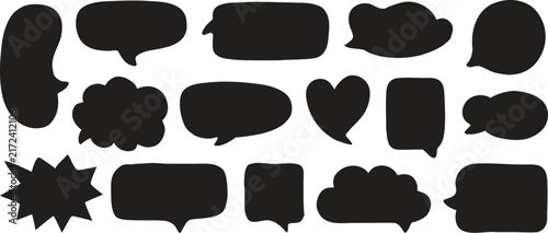 Foto Black speech bubble silhouette set with rounded chat boxes, hearts, clouds, and comic bursts for messaging designs