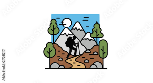Hiker walking on mountain trail.