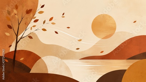 Minimalist autumn landscape with a tree sun and hills in terracotta tones