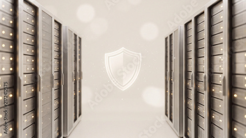 Data center hallway flanked by server racks featuring a central security shield symbol representing cybersecurity and information protection technology.