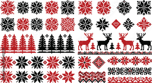 Nordic Christmas folk ornament vector set featuring snowflake pine tree deer cross stitch pattern collection.eps