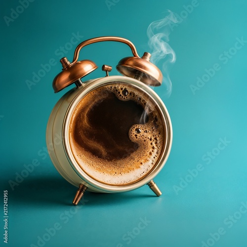 Coffee in a vintage alarm clock with steam on a turquoise background  