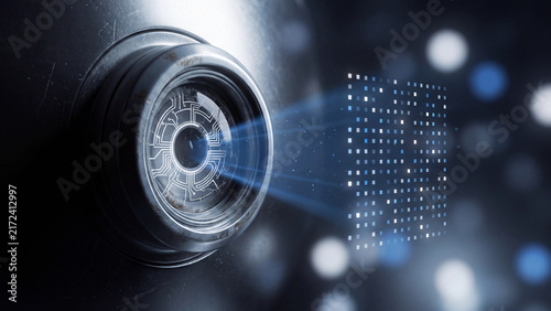 Camera lens projecting digital data code representation onto dark background with glowing bokeh circles representing modern cybersecurity infrastructure monitoring operations.