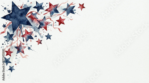 Red white and blue watercolor stars scattered in corner with confetti on light background with copy space, illustration for USA Independence Day, patriotic and national holiday design