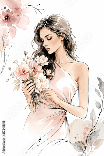 Elegant Watercolor Fashion Woman Portrait in Soft Blush Pink Tones