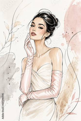 Elegant Watercolor Fashion Woman Portrait in Soft Blush Pink Tones