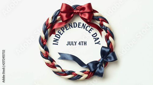 Independence Day July 4th wreath with braided rope and red blue ribbon bows isolated on white background, 3D render for USA patriotic holiday and celebration decoration design