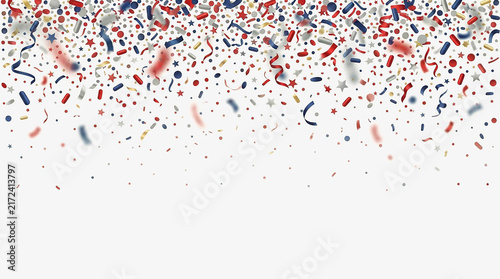 Red white and blue confetti falling on white background with copy space, vector illustration for USA Independence Day, 4th of July, celebration and patriotic party decoration design