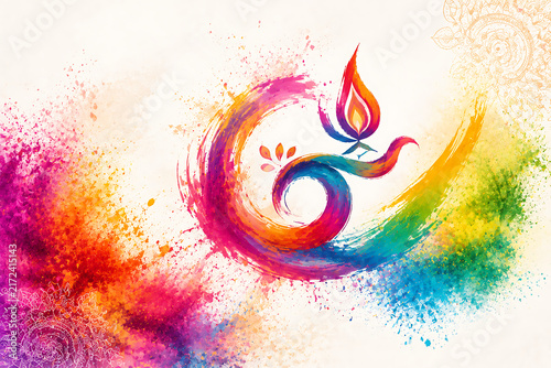 Artistic Colorful Holi Background with Swirling Paint Brushstroke Flame Icon and Splash Effect for Spring Color Festival Banner and Greeting Card