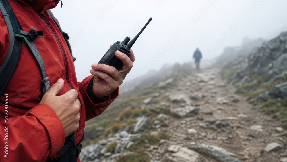 Obraz premium A guide making a radio check beside a fog-covered alpine trail, tactile contextual closeup, for reports, campaigns and editorial design