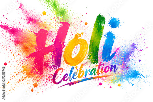 Colorful Holi Celebration Typography Text Banner Covered in Vibrant Multi Color Powder Explosion and Splashes Isolated on White Background Frame