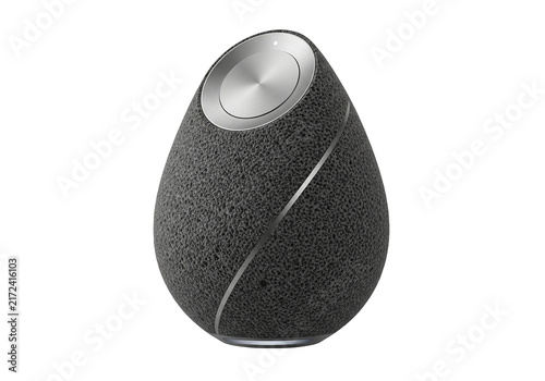 Textured black speaker with metallic accents isolated on dark