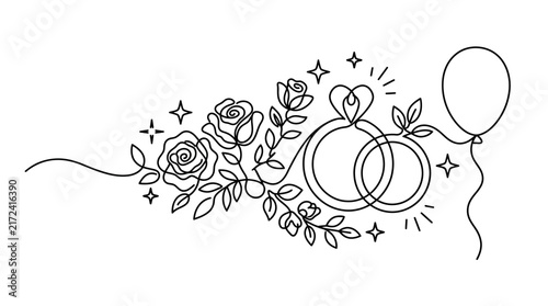 Foto Wedding rings entwined with roses and a floating balloon drawn in minimalist continuous line art