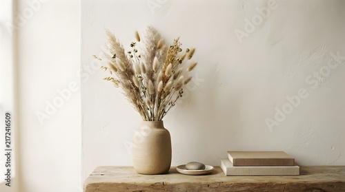 Dried pampas grass bouquet arranged in a ceramic vase sitting on rustic wooden shelf with books and soft lighting