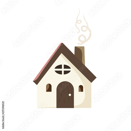 Cute Cozy Autumn Cottage House with Chimney Isolated on White Background