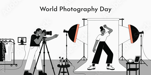 World photography day flat vector illustration featuring a professional photographer in a studio setting