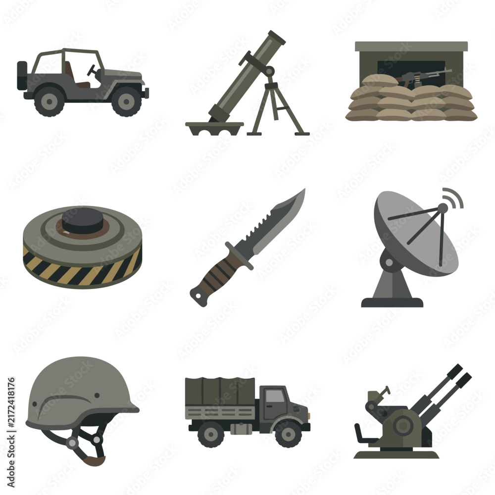Obraz premium Military equipment collection featuring various army vehicles and weaponry.