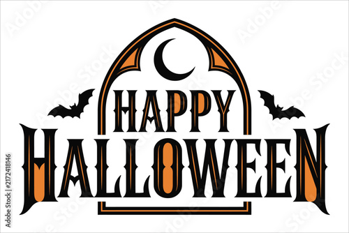 Happy halloween typography design with gothic arch crescent moon and bats silhouette halloween typography silhouette illustration isolated background celebration