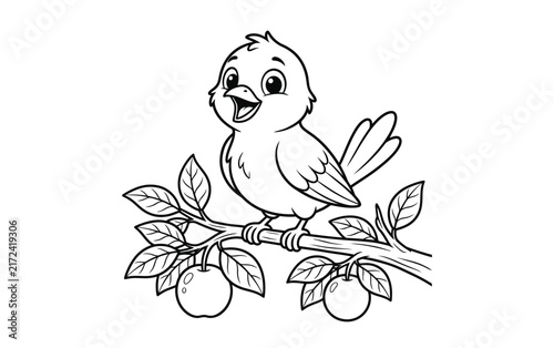 Cute little bird sitting on a tree branch with apples black and white coloring page for children