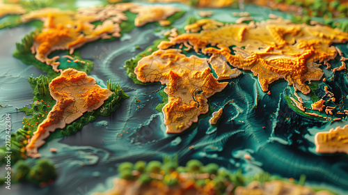 Stylish World Map Decoration with 3D Relief Effect, Vintage Aest