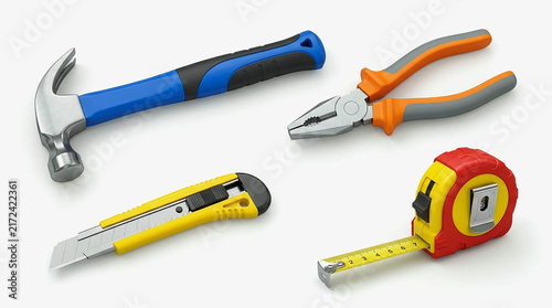 Set of Construction Tools with Hammer Pliers Utility Knife and Tape Measure Isolated on White Background, 3D Render Hardware Equipment for Carpentry, DIY, Repair and Building Work Concept