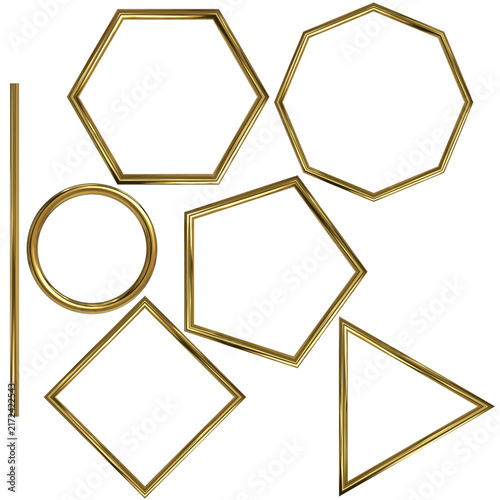 3D Golden Geometric Shapes Collection with golden Metallic Frames for creative design