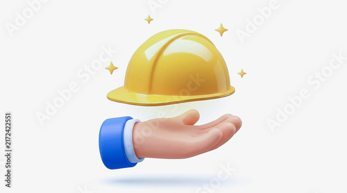 3D Cartoon Hand Holding Yellow Safety Helmet with Sparkles Isolated on White Background, Cute Icon for Construction Worker, Labor Day, Occupational Safety and Building Industry Concept