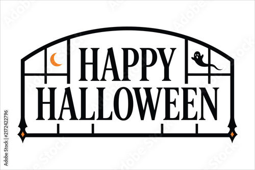 Happy halloween text inside window frame with crescent moon and flying ghost silhouette halloween typography silhouette illustration isolated background