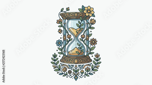 Foto Vintage vector illustration of a decorative hourglass with flowing yellow sand, entwined with green vines and blooming colorful flowers on a clean white background