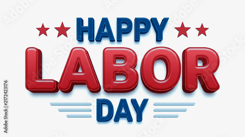 Happy Labor Day 3D Text Banner with Red Stars and Blue Lines on White Background, Bold Typography Design for USA Workers Celebration, Holiday Greeting Card and Poster Template