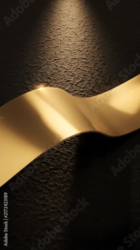 Golden Ribbon Flowing Across Textured Wall with Dynamic Lighting. Elegant Abstract Motion Graphics for Luxury Branding and Design.