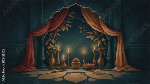 Beautiful traditional Indian festive decoration with glowing candles and vibrant draped fabrics indoors