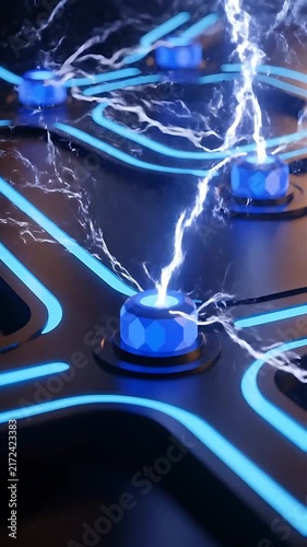Circuit Board with Glowing Blue Energy Pulses, Transitioning From Subtle to Intense Electrical Discharge Animation.
