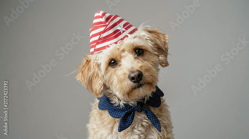 Cute Dog Wearing Red and White Striped Party Hat with Blue Bow Tie on Gray Background, Adorable Puppy Portrait for Birthday Celebration, Pet Fashion and Funny Animal Concept