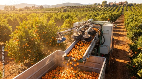 Mechanical harvester loading fresh oranges into trailer in sunny orchard at sunset