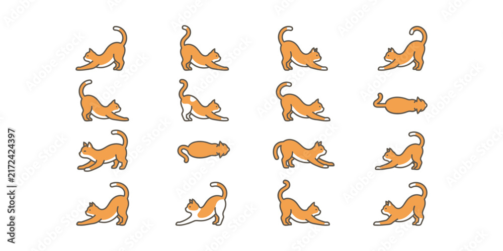 Obraz premium Collection of Cute Cartoon Ginger Cat Poses Stretching.