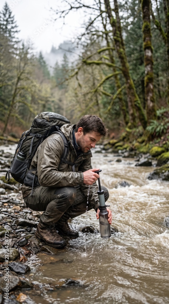 Fototapeta premium caucasian male hiker filtering water from forest river using portable pump purifier. outdoor survival, wilderness adventure, and camping concept. travel blog, sporting goods