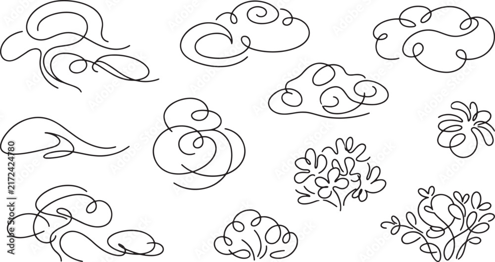 Naklejka premium Hand drawn continuous line art clouds and floral elements set