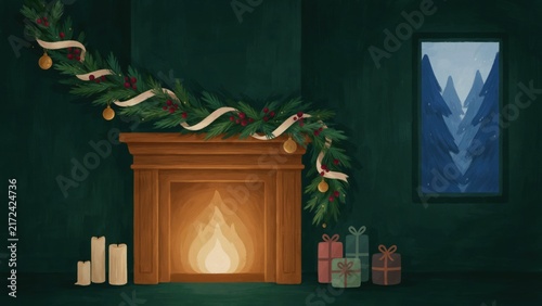 Festive fireplace mantel decorated with christmas pine garland and wrapped presents