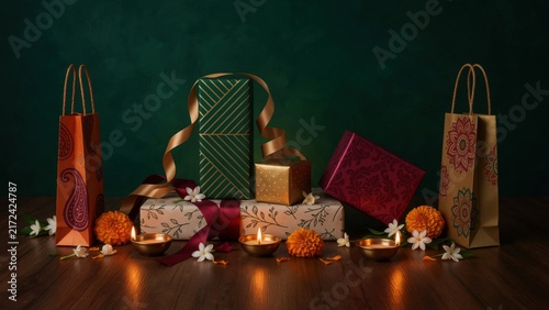 Festive gift boxes and glowing diyas arranged elegantly for traditional Indian holiday celebrations