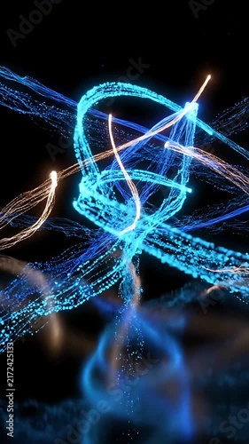 Abstract Light Trails Swirling and Looping in a Dynamic, Futuristic Motion Graphics Animation. Energetic Blue and Gold Particles Flow.