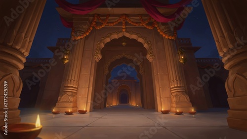 Grand stone archway of Indian palace illuminated with warm glowing oil lamps