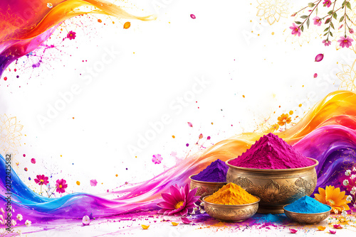 Decorative Holi Festival Banner Background with Swirling Multi Color Liquid Paint Waves Ornate Brass Gulal Powder Bowls Floral Accents and Copy Space