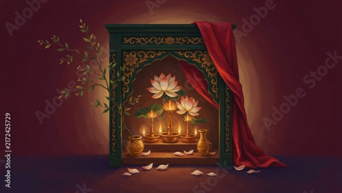 Intricate Indian temple shrine decorated with glowing diyas and lotus flowers