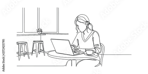 Continuous line drawing of a woman working on a laptop at a cafe.