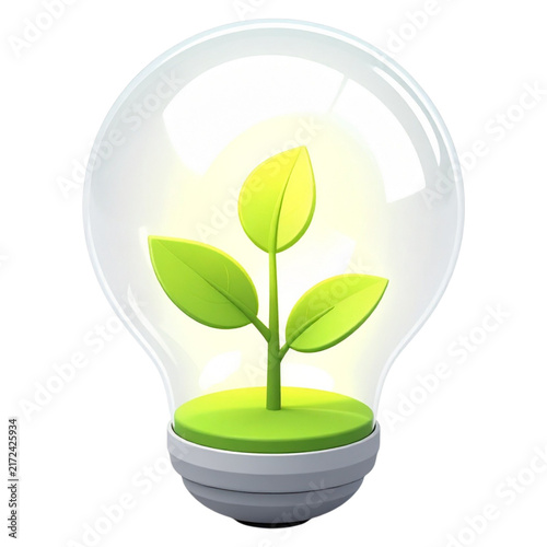 Eco friendly green sprout inside clear bulb 3d render for sustainable technology presentations and ecology banners