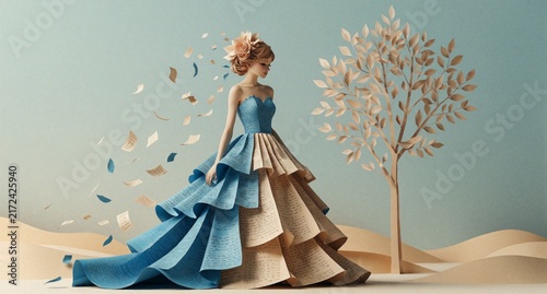 Surreal Woman in Paper Dress Standing in Desert Landscape
