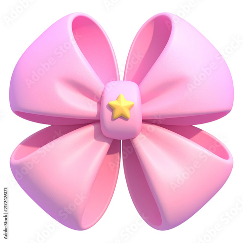 Shiny pink decorative bow 3d render with star center for holiday present wrapping and sweet retail sale banners